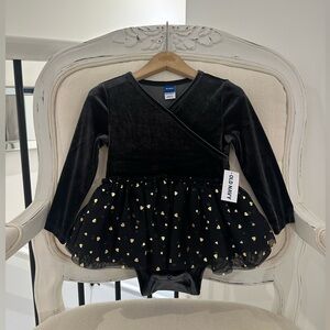 🖤 18~24 Mth Black Velvet Dress Onesie with Gold Heart Details